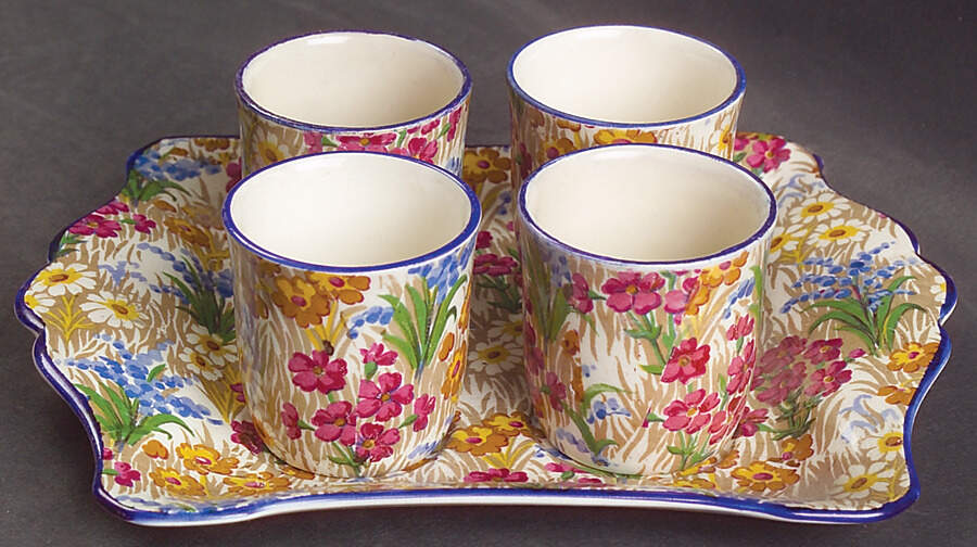 Marguerite (Blue Trim) Egg Cup Set (4 Egg Cups and Tray) by Royal Winton-1