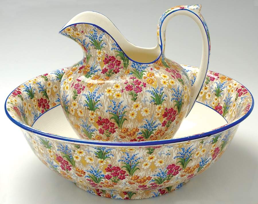 Marguerite (Blue Trim) Large Pitcher & Bowl Set by Royal Winton-1
