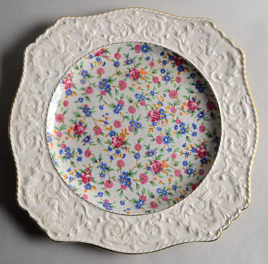 Old Cottage Chintz (Pre 1960, Cream) Ascot Shape Dinner Plate w/Wedgwood Border by Royal Winton-1