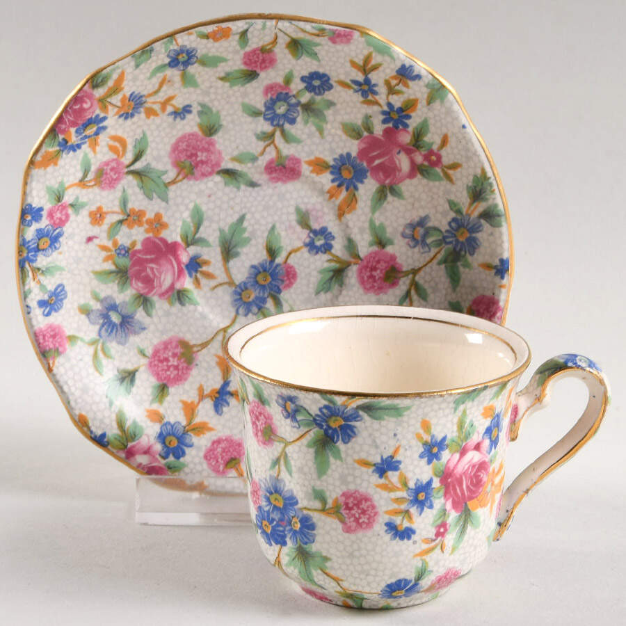 Old Cottage Chintz (Pre 1960, Cream) Ascot Flat Demitasse Cup and Saucer Set by Royal Winton-1