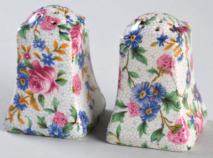 Old Cottage Chintz (Pre 1960, Cream) Salt & Pepper Set by Royal Winton-1