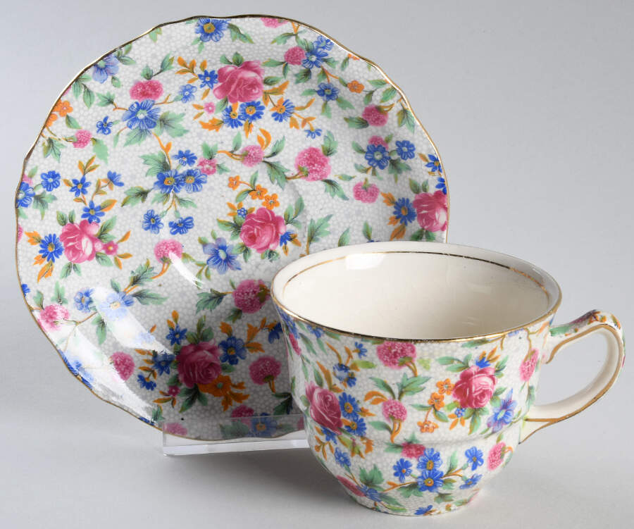 Old Cottage Chintz (Pre 1960, Cream) Flat Cup & Saucer Set by Royal Winton-1