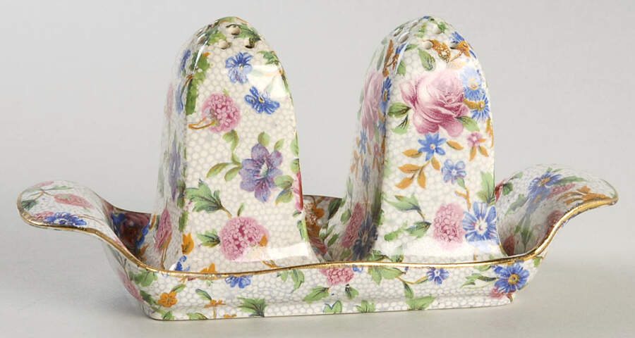 Old Cottage Chintz (Pre 1960, Cream) (3 Pc) Salt & Pepper Tray Set by Royal Winton-1