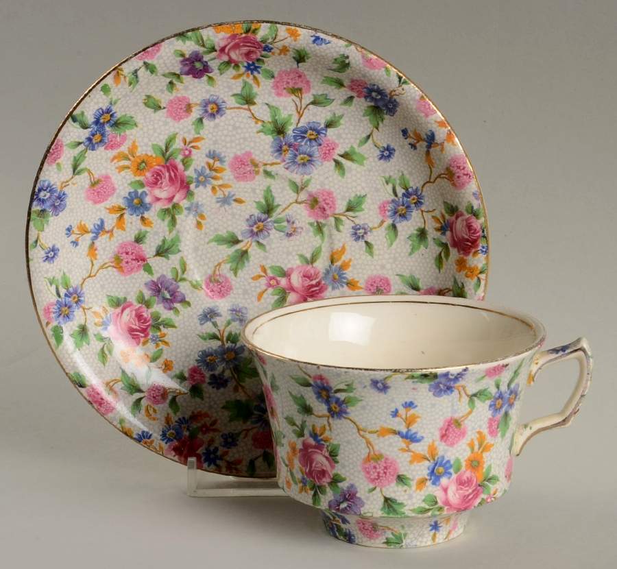 Old Cottage Chintz (Pre 1960, Cream) Flat Cup & Saucer Set by Royal Winton-1