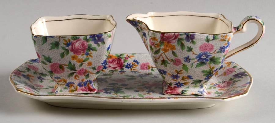 Old Cottage Chintz (Pre 1960, Cream) Creamer & Open Sugar with Tray by Royal Winton-1