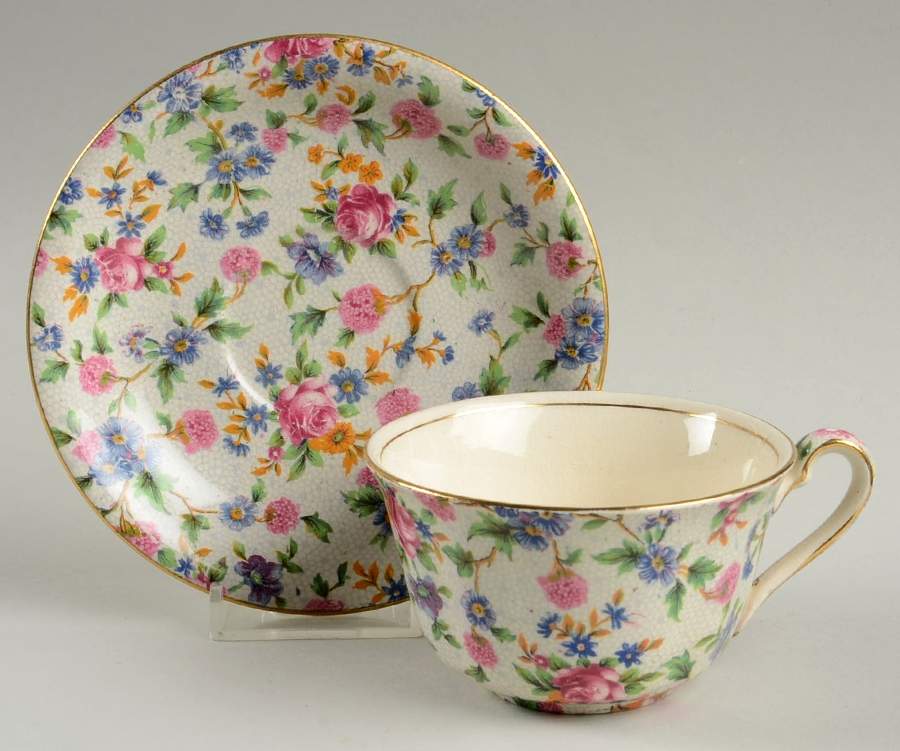 Old Cottage Chintz (Pre 1960, Cream) Ascot Shape Flat Cup & Round Saucer Set by Royal Winton-1