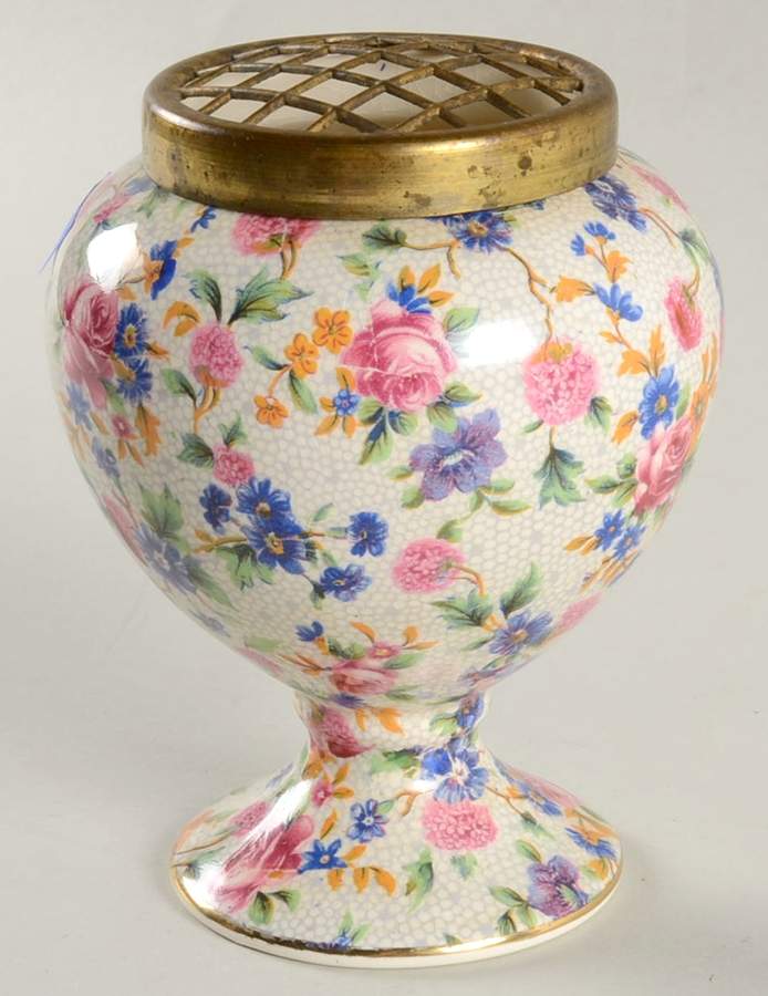 Old Cottage Chintz (Pre 1960, Cream) Frog Vase with Metal Grid by Royal Winton-1