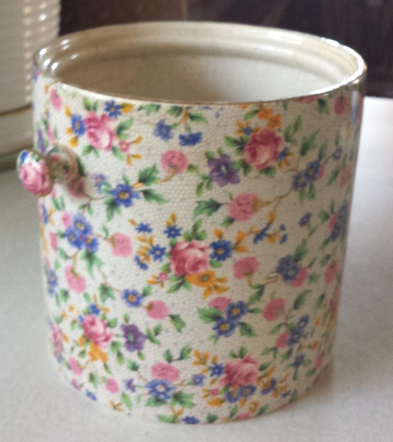 Old Cottage Chintz (Pre 1960, Cream) Biscuit Barrel No Metal Lid by Royal Winton-1