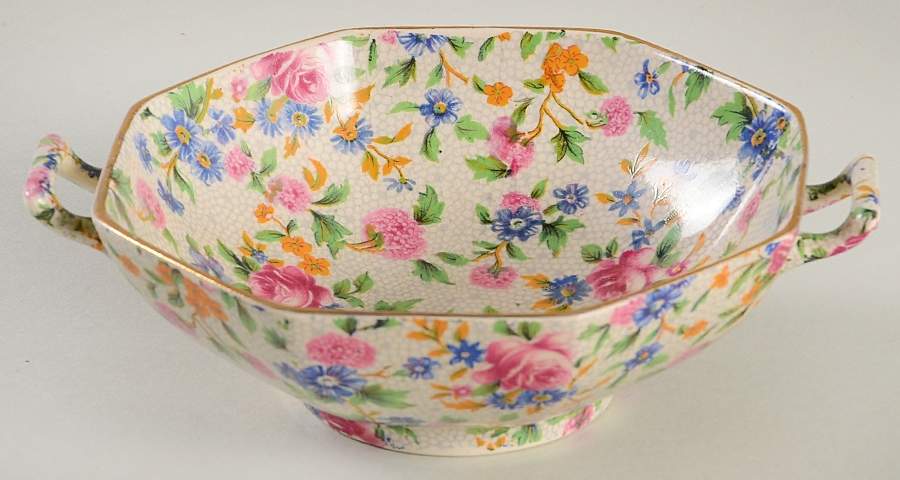 Old Cottage Chintz (Pre 1960, Cream) 2 Handle Octagonal Bon Bon by Royal Winton-1