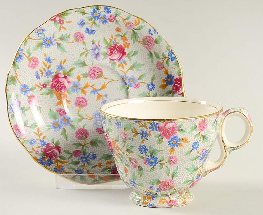 Old Cottage Chintz (Pre 1960, Cream) Raleigh Footed Cup & Saucer Set by Royal Winton-1