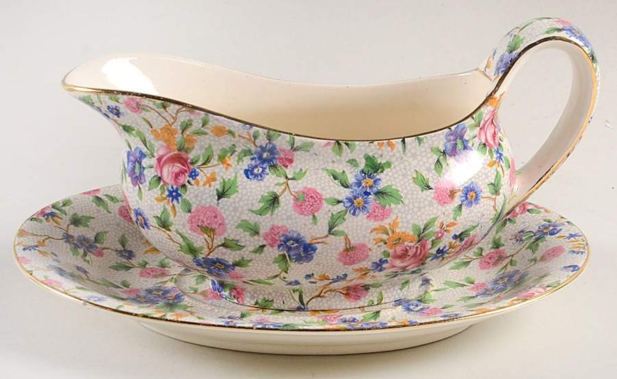 Old Cottage Chintz (Pre 1960, Cream) Gravy Boat & Underplate by Royal Winton-1