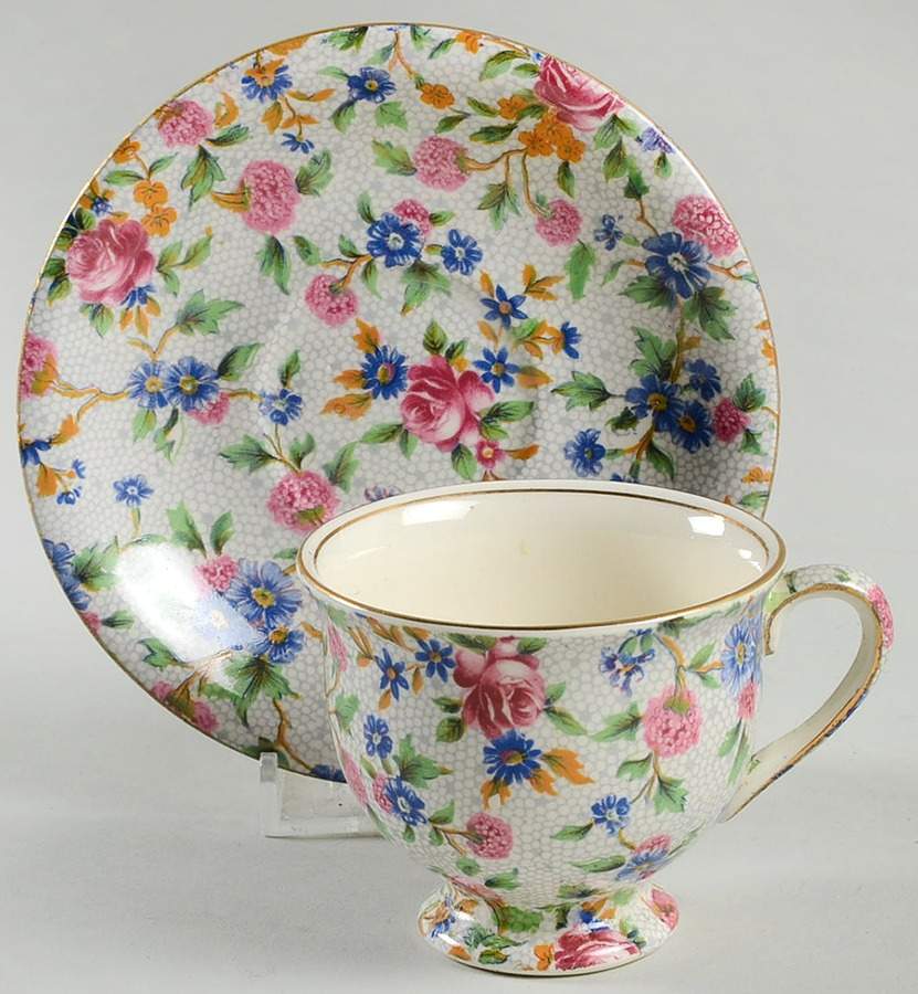 Old Cottage Chintz (Pre 1960, Cream) Footed Demitasse Cup & Saucer Set by Royal Winton-1