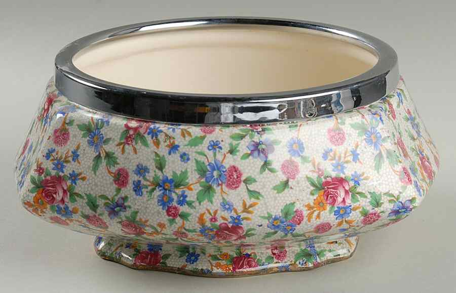 Old Cottage Chintz (Pre 1960, Cream) 7" Salad Serving Bowl W/Metal Rim by Royal Winton-1
