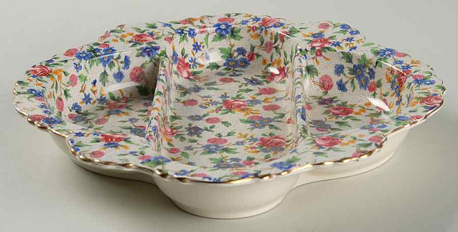 Old Cottage Chintz (Pre 1960, Cream) 3-Part Relish by Royal Winton-1