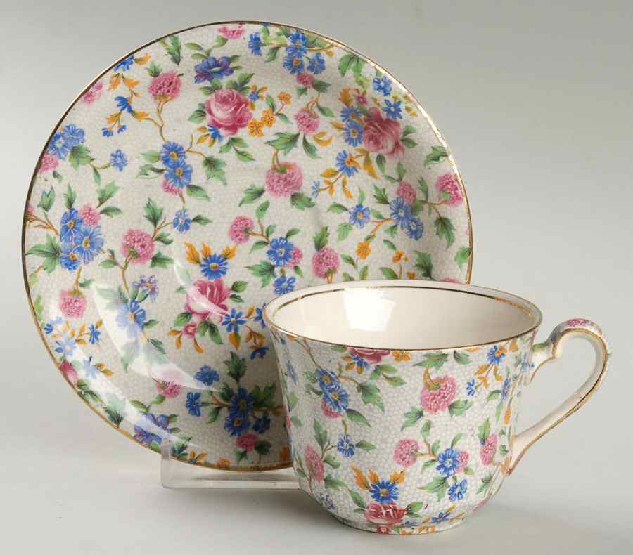 Old Cottage Chintz (Pre 1960, Cream) Flat Cup & Saucer Set by Royal Winton-1