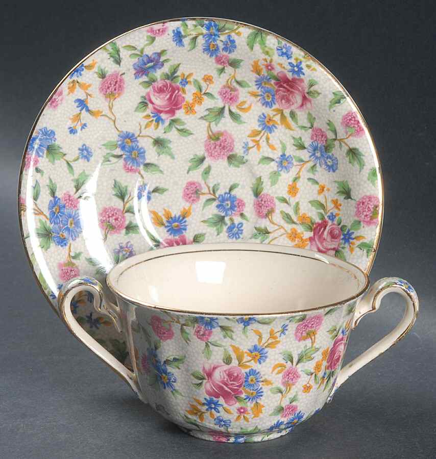 Old Cottage Chintz (Pre 1960, Cream) Flat Bouillon Cup & Saucer by Royal Winton-1