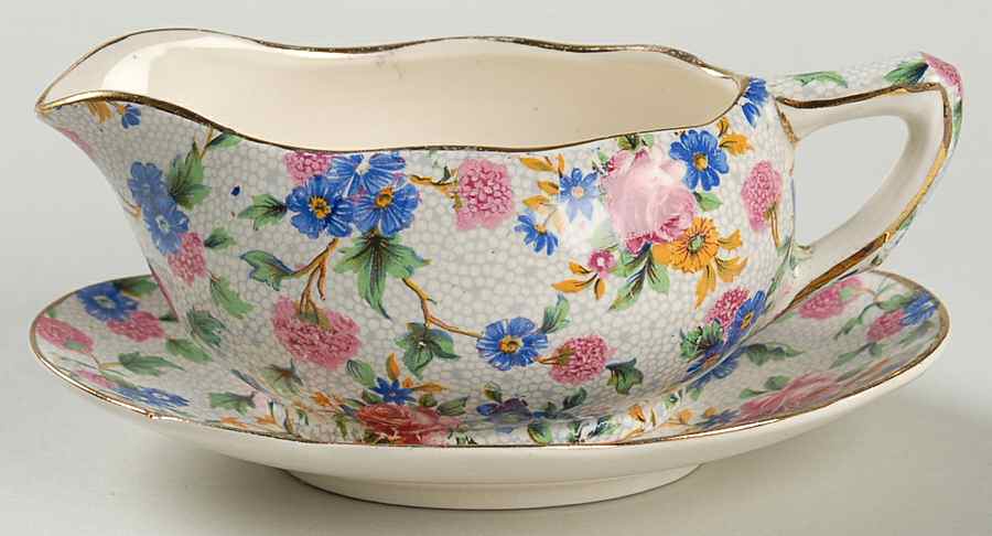 Old Cottage Chintz (Pre 1960, Cream) Mint Boat & Stand by Royal Winton-1