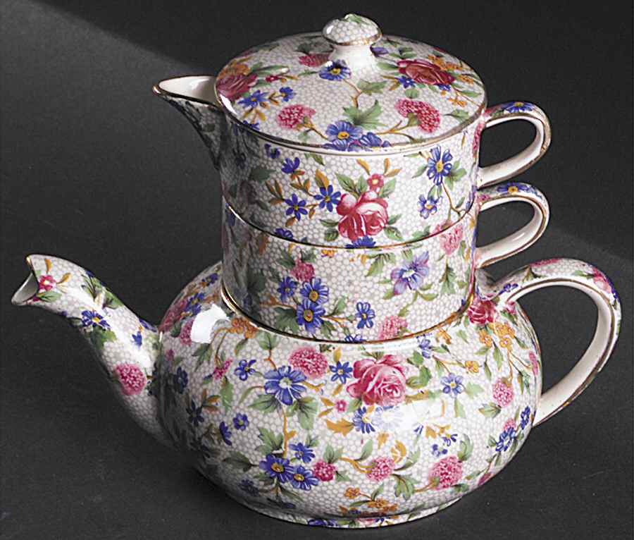 Old Cottage Chintz (Pre 1960, Cream) Mini Teapot Stacking Set (Creamer, Sugar) by Royal Winton-1