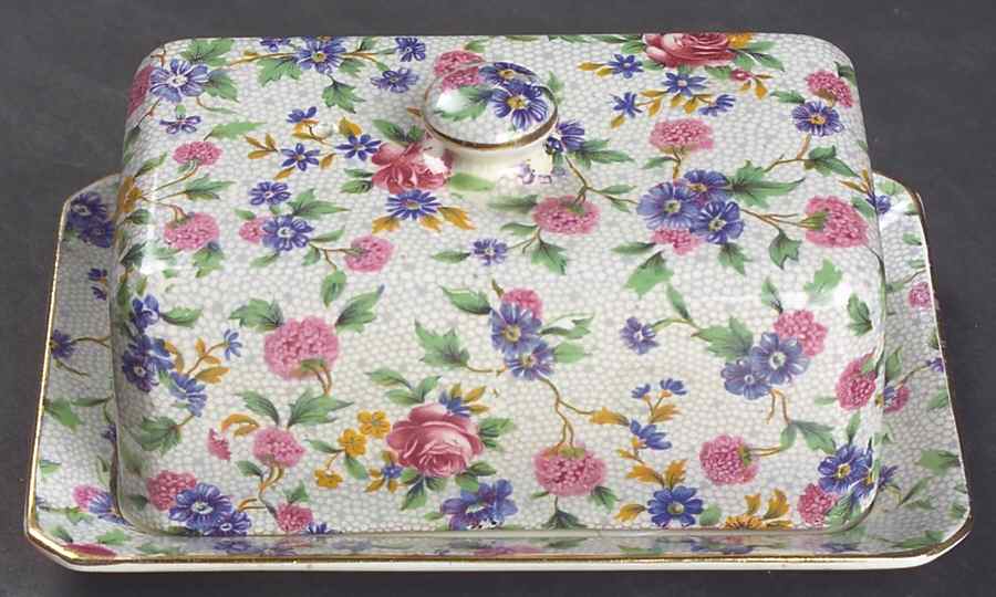 Old Cottage Chintz (Pre 1960, Cream) Covered Butter/Cheese by Royal Winton-1