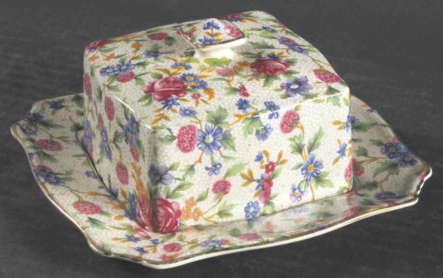 Old Cottage Chintz (Pre 1960, Cream) Square Covered Butter by Royal Winton-1