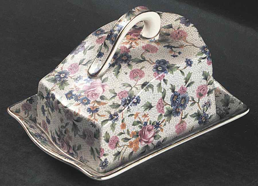 Old Cottage Chintz (Pre 1960, Cream) Cheese Dish with Lid (Wedge) by Royal Winton-1