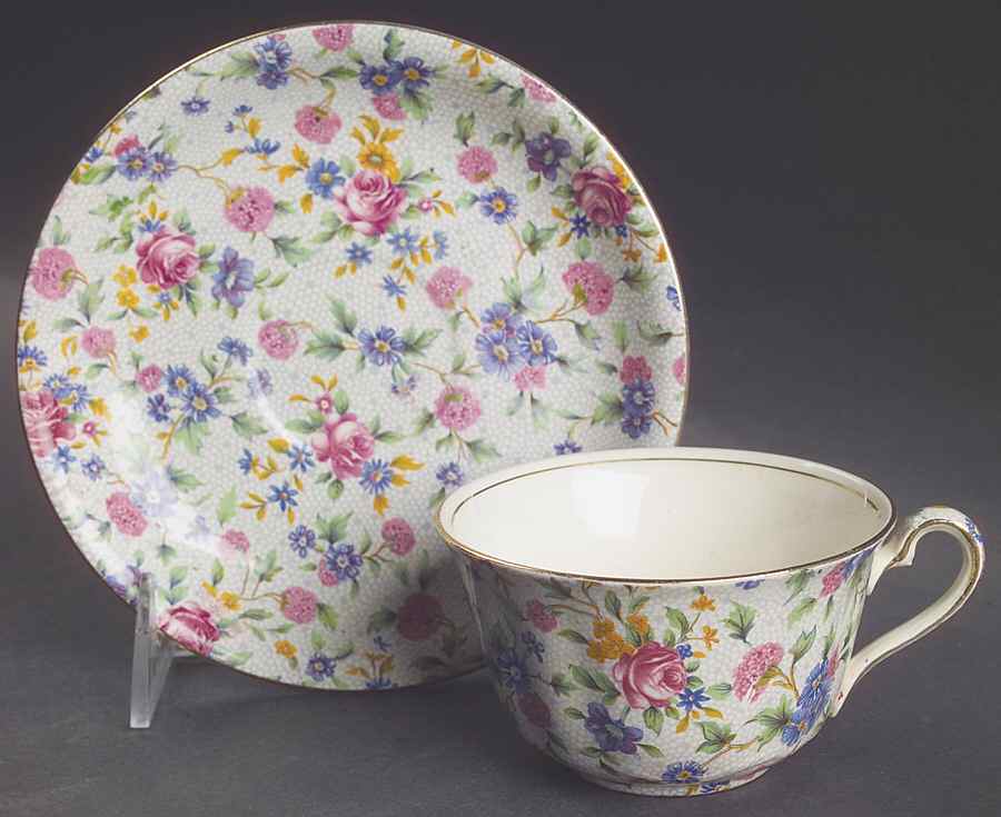 Old Cottage Chintz (Pre 1960, Cream) Flat Cup & Saucer Set by Royal Winton-1