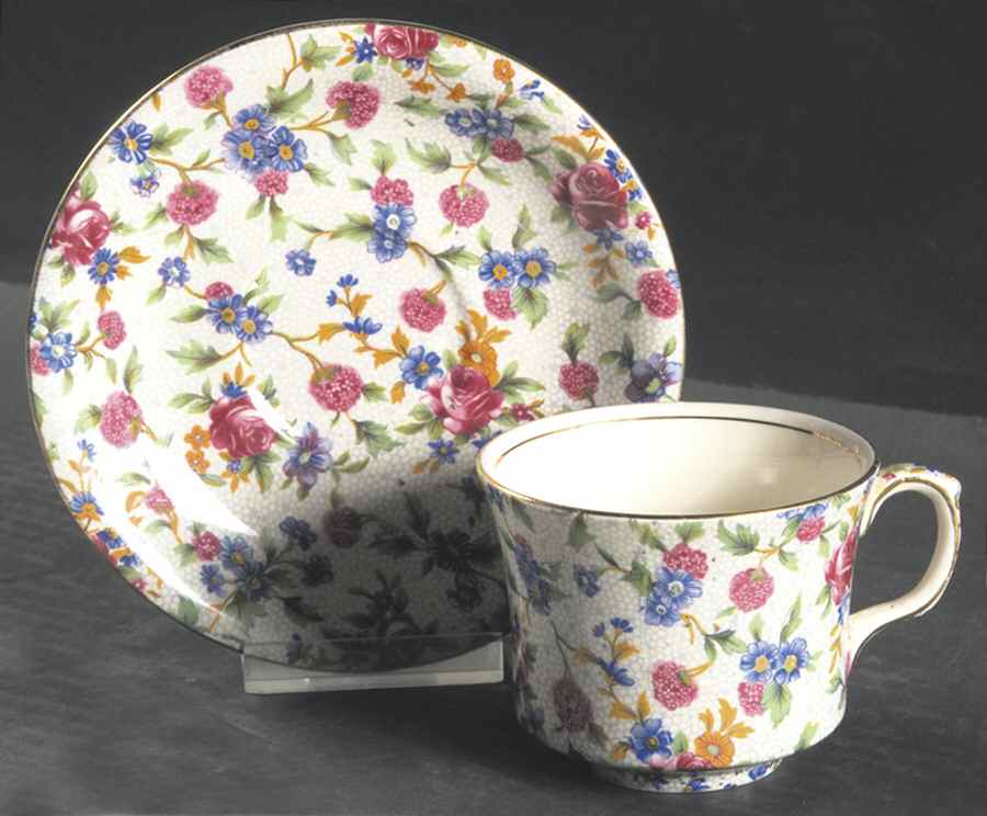 Old Cottage Chintz (Pre 1960, Cream) King Flat Cup & Saucer Set by Royal Winton-1