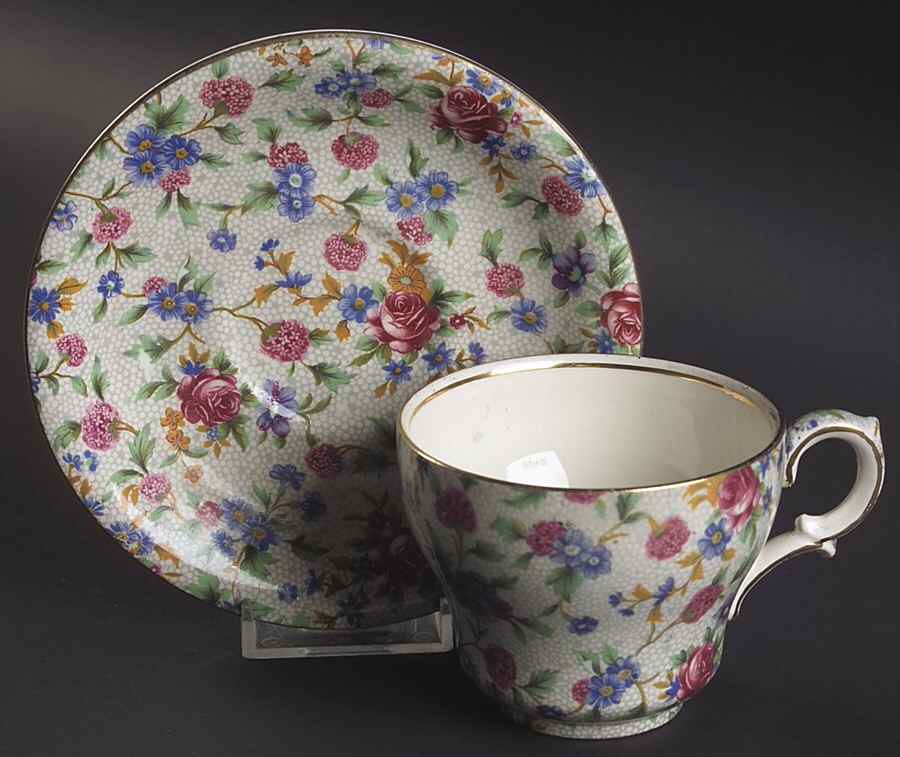 Old Cottage Chintz (Pre 1960, Cream) Footed Cup & Saucer Set by Royal Winton-1