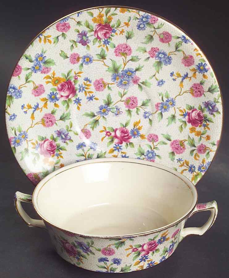 Old Cottage Chintz (Pre 1960, Cream) Flat Cream Soup & Saucer Set by Royal Winton-1