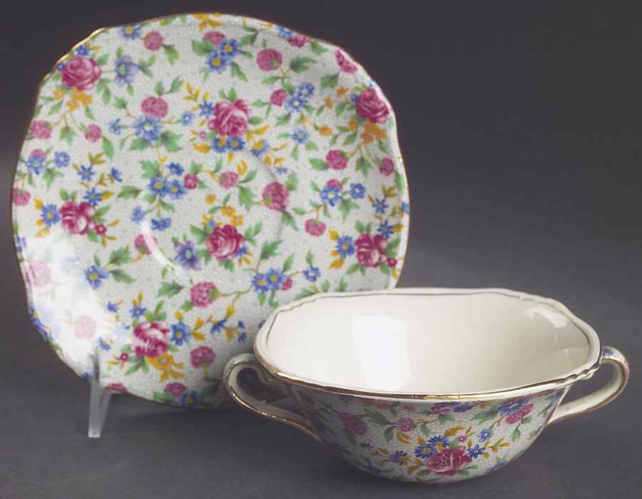 Old Cottage Chintz (Pre 1960, Cream) Flat Cream Soup Bowl & Saucer Set by Royal Winton-1