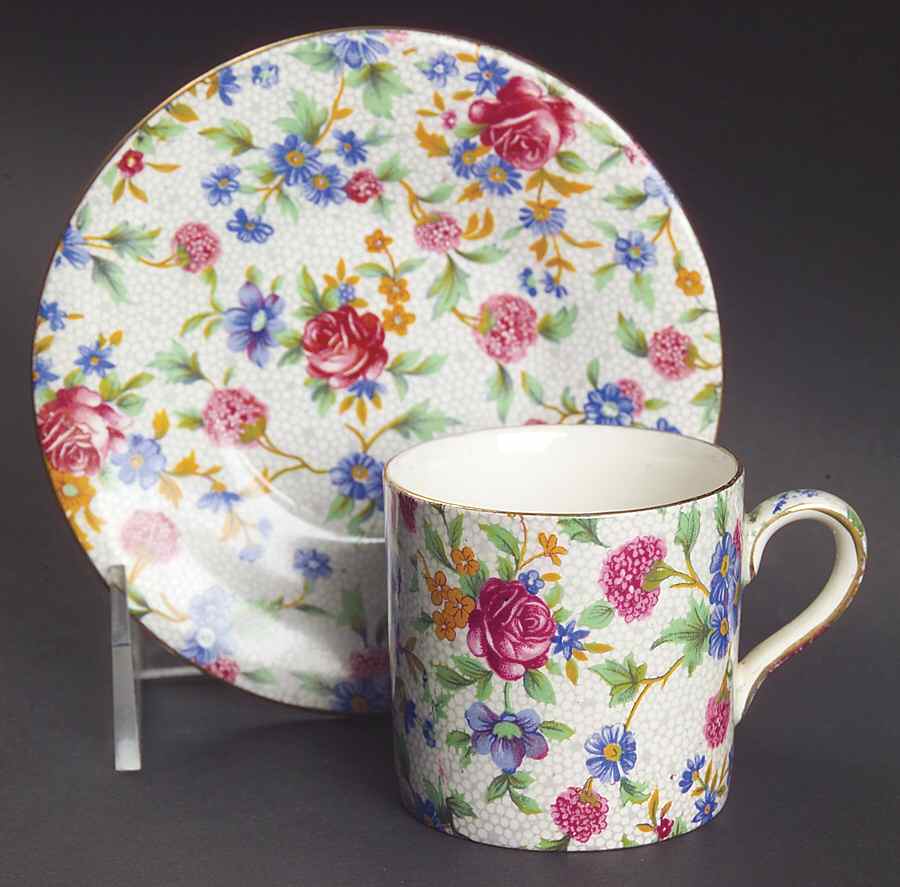 Old Cottage Chintz (Pre 1960, Cream) Flat Demitasse Cup & Saucer Set by Royal Winton-1