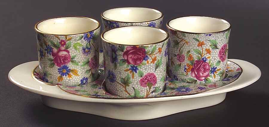 Old Cottage Chintz (Pre 1960, Cream) Egg Cup Set (4 Egg Cups and Tray) by Royal Winton-1