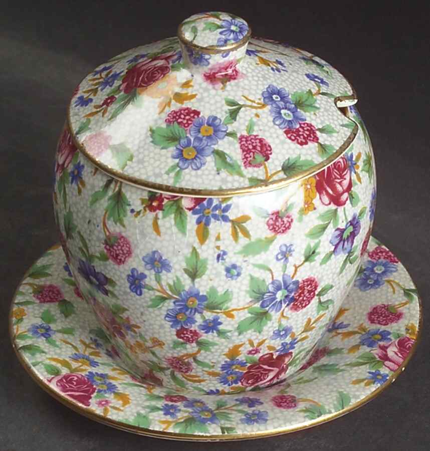 Old Cottage Chintz (Pre 1960, Cream) Jam/Jelly & Lid With Underplate by Royal Winton-1
