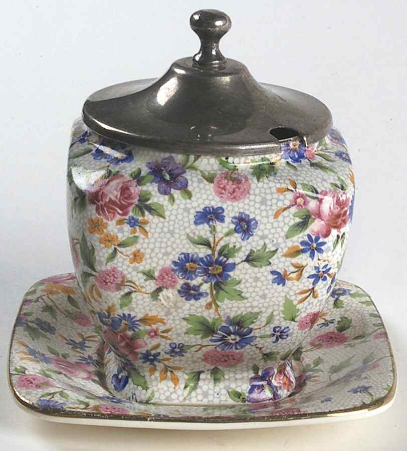 Old Cottage Chintz (Pre 1960, Cream) Jam/Jelly & Metal Lid w/Underplate by Royal Winton-1