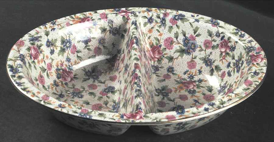 Old Cottage Chintz (Pre 1960, Cream) 9" Oval Divided Vegetable Bowl by Royal Winton-1