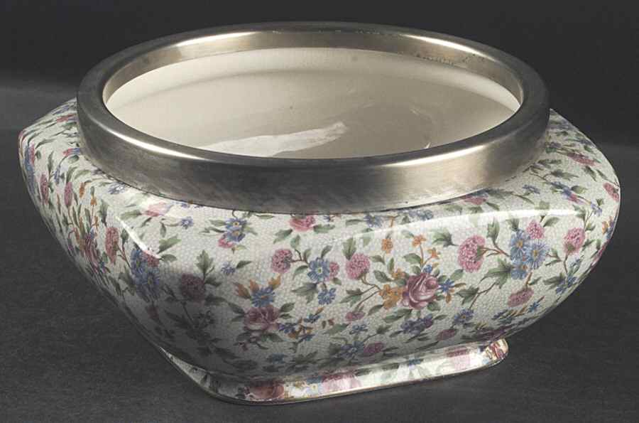 Old Cottage Chintz (Pre 1960, Cream) 7" Salad Serving Bowl W/Metal Rim by Royal Winton-1