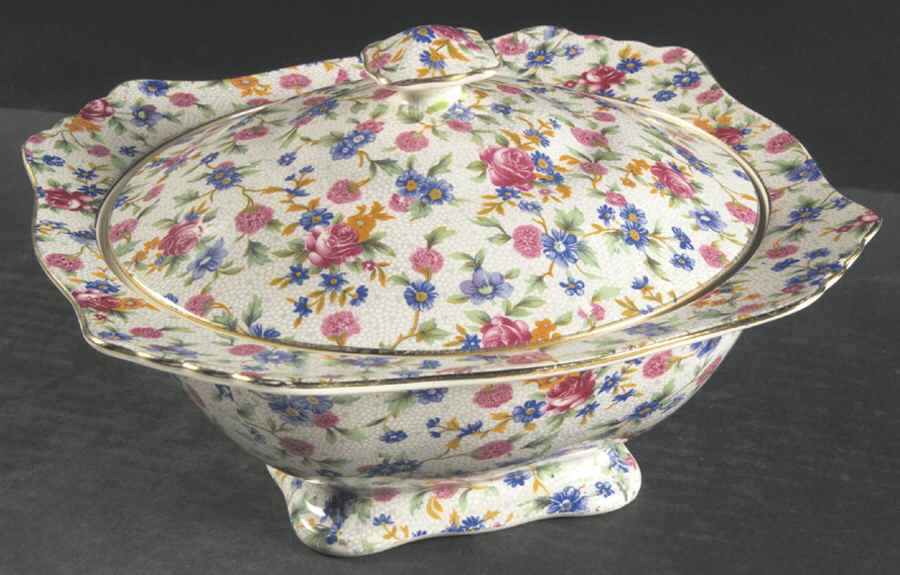 Old Cottage Chintz (Pre 1960, Cream) Square Covered Vegetable by Royal Winton-1