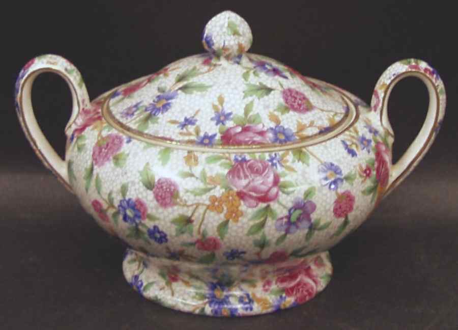 Old Cottage Chintz (Pre 1960, Cream) Albans Sugar Bowl & Lid by Royal Winton-1