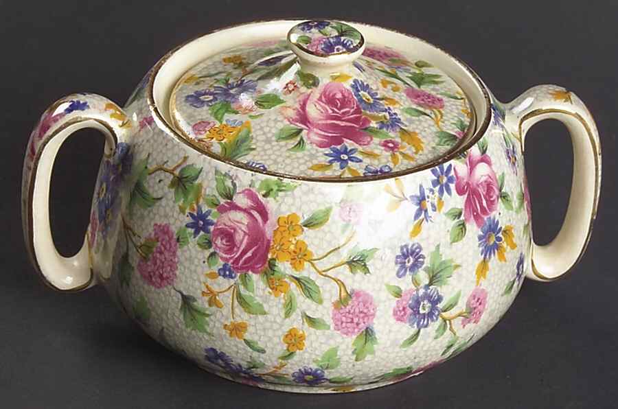Old Cottage Chintz (Pre 1960, Cream) Countess Sugar Bowl and Lid by Royal Winton-1