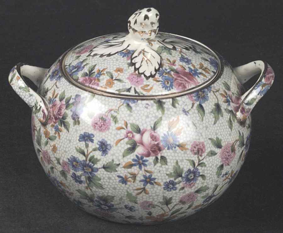 Old Cottage Chintz (Pre 1960, Cream) Elite Sugar Bowl & Lid by Royal Winton-1