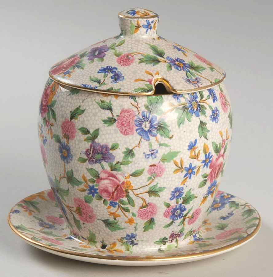 Old Cottage Chintz (Pre 1960, Cream) Jam/Jelly & Lid w/Attached Underplate by Royal Winton-1