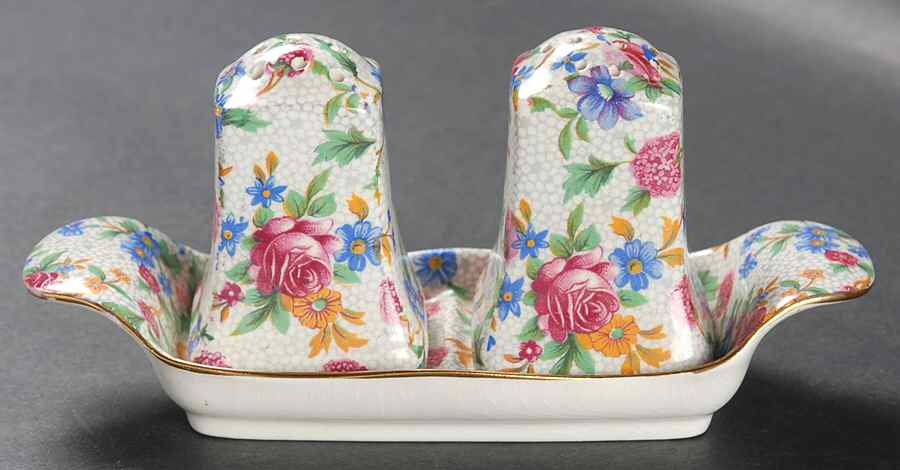 Old Cottage Chintz (Pre 1960, Cream) (3 Pc) Salt and Pepper Tray Set by Royal Winton-1