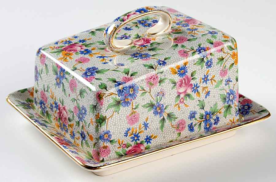 Old Cottage Chintz (Pre 1960, Cream) Cheese Dish with Lid (Wedge) by Royal Winton-1