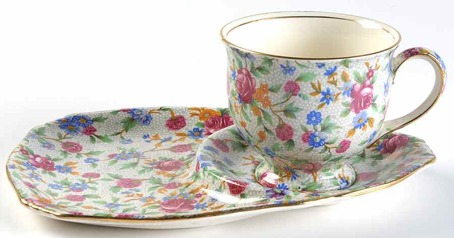 Old Cottage Chintz (Pre 1960, Cream) Dessert Plate & Cup Set by Royal Winton-1