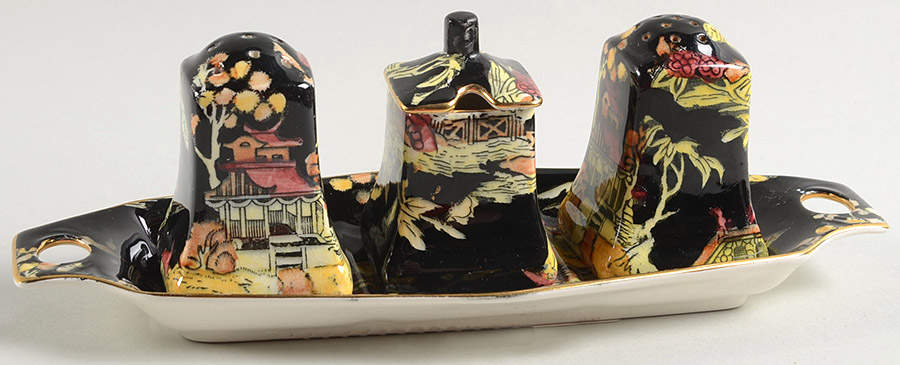 Pekin Black (Gold Trim) (3 Piece) Cruet Set with Tray (S&P, Mustard) by Royal Winton-1