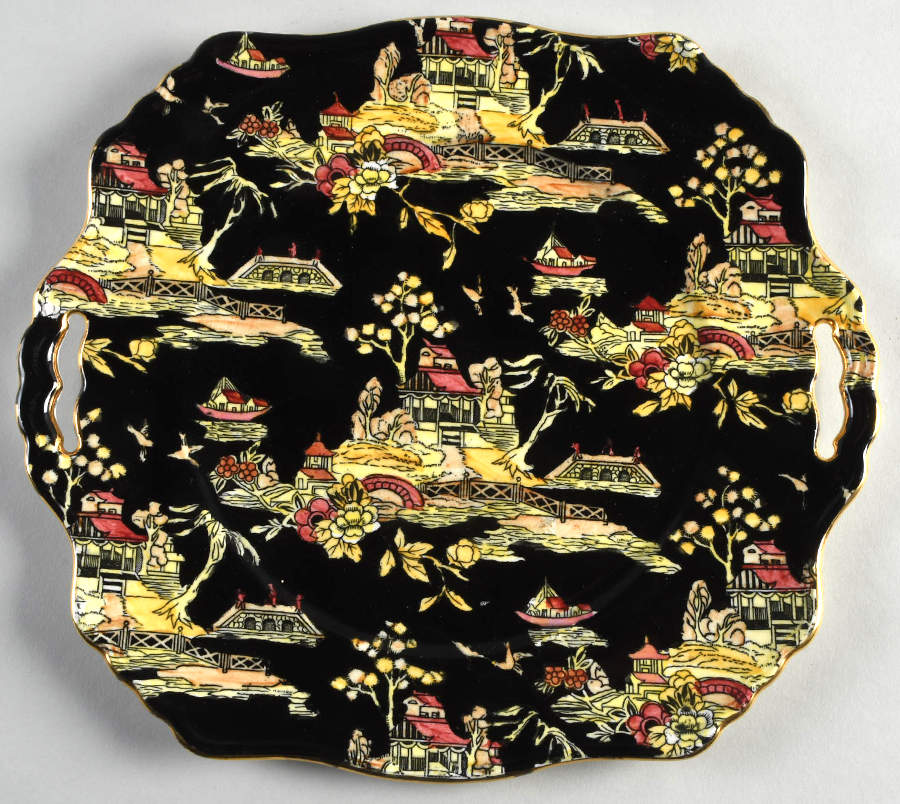 Pekin Black (Gold Trim) Square Handled Cake Plate by Royal Winton-1