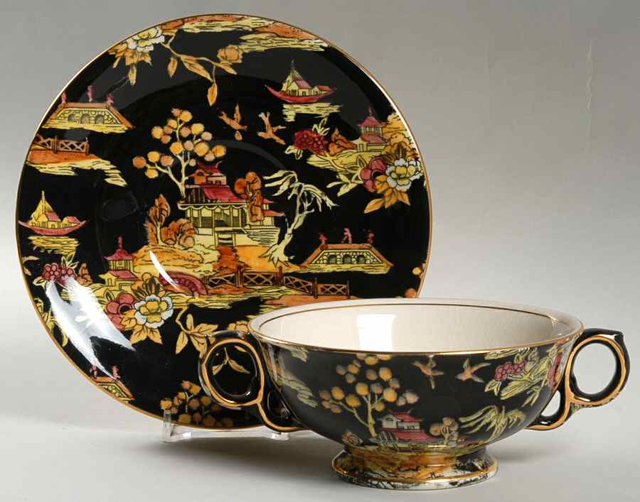 Pekin Black (Gold Trim) Footed Cream Soup Bowl & Saucer Set by Royal Winton-1