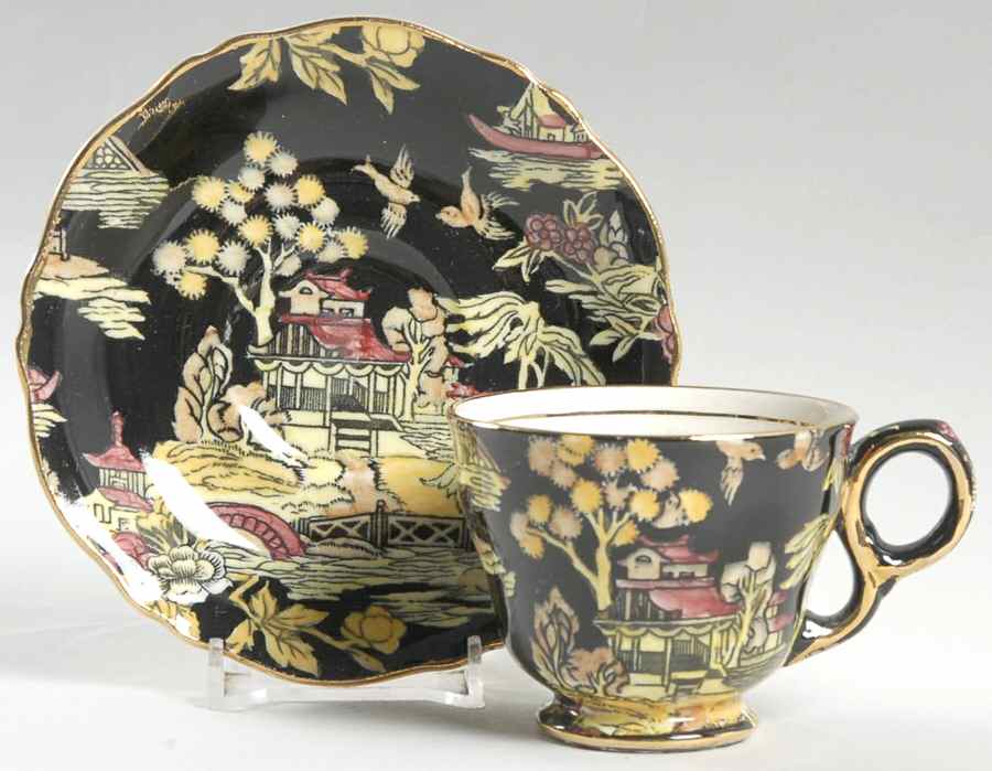 Pekin Black (Gold Trim) Footed Demitasse Cup & Saucer Set by Royal Winton-1
