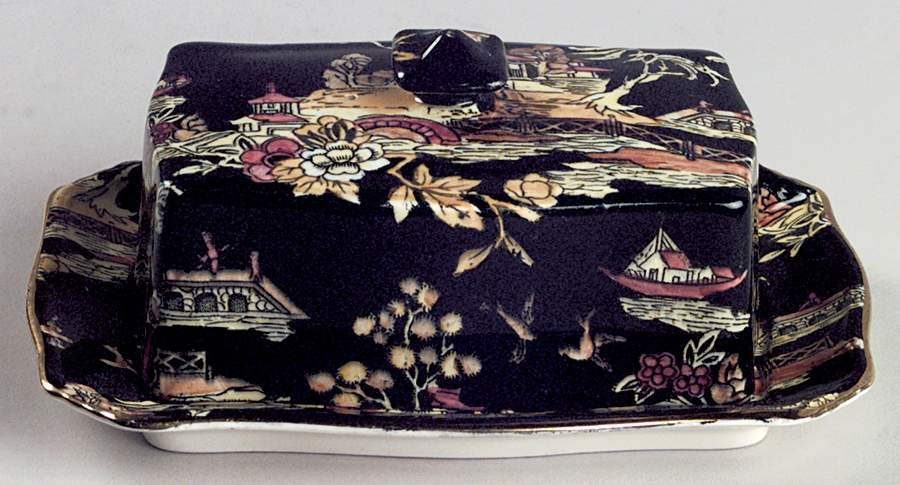 Pekin Black (Gold Trim) Covered Butter/Cheese by Royal Winton-1