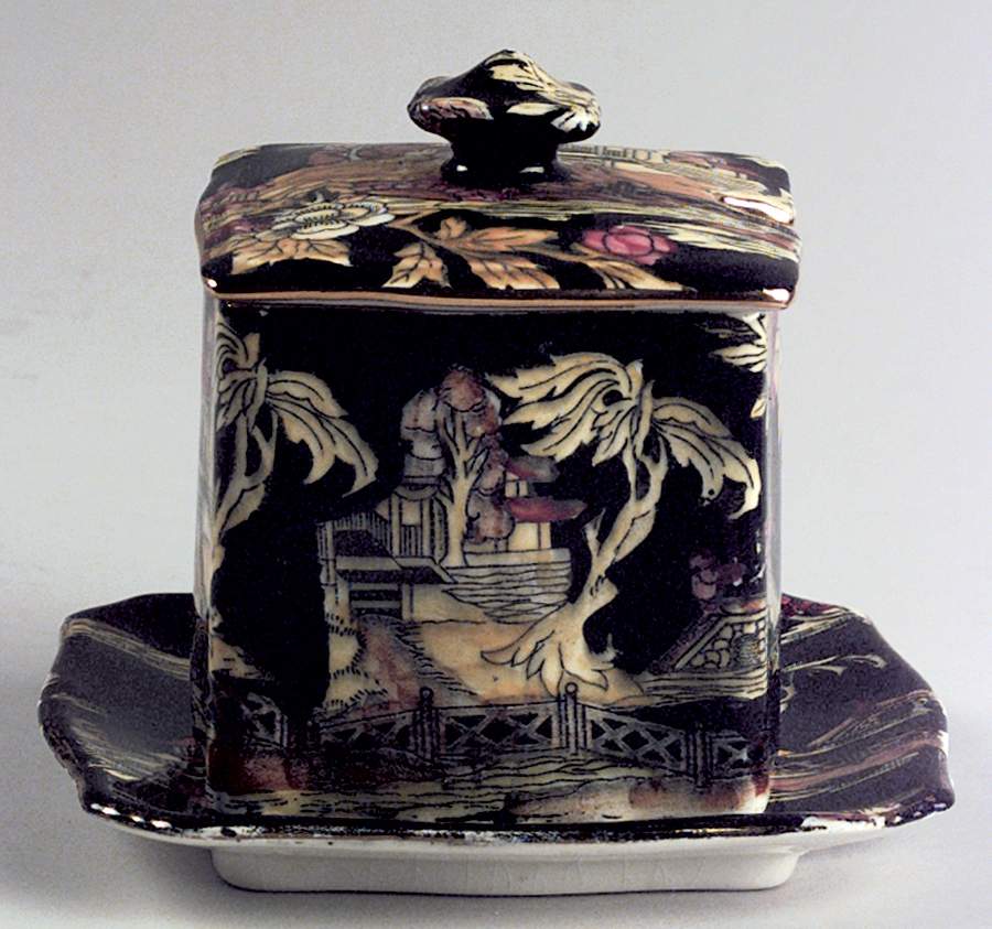 Pekin Black (Gold Trim) Jam/Jelly & Lid W/Underplate by Royal Winton-1